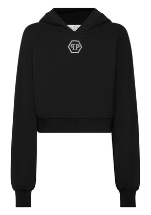 Philipp Plein crystal-logo cropped hoodie - Black