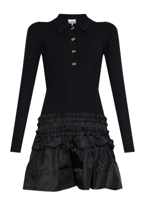 GANNI ribbed ruffled-skirt mini dress - Black