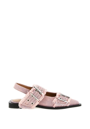 GANNI buckle fringed denim flat pumps - Pink