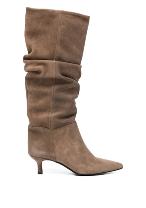 Gisel Moire 50mm Morgan pointed ruched knee-high boots - Brown
