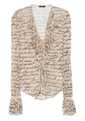 Balmain Love Letter-print ruffled blouse - Neutrals