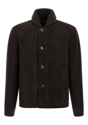 Brioni ribbed-sleeve suede bomber jacket - Brown