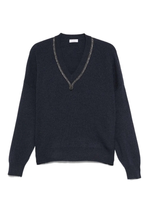 Brunello Cucinelli Monili-trim V-neck cashmere top - Blue