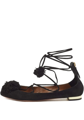 Aquazzura Pre-Owned pompom-details suede ballet flats - Black
