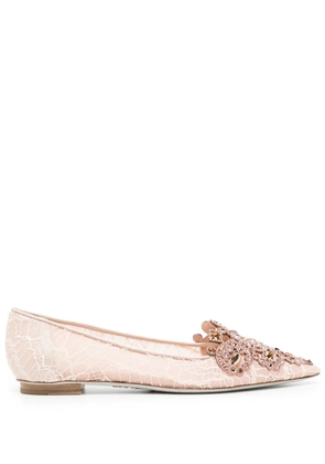 René Caovilla crystal-embellished lace ballerina shoes - Neutrals