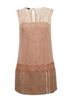Elisabetta Franchi lace-panel tweed-hem mini dress - Brown