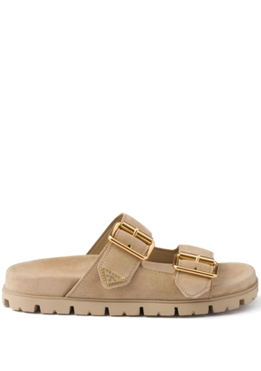 Prada triangle-logo suede slides - Neutrals