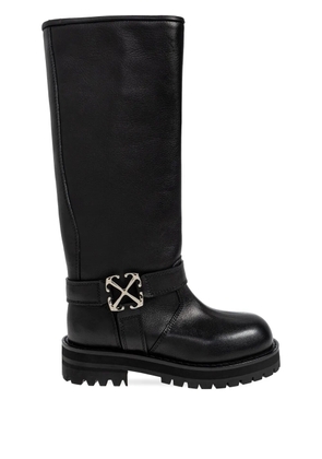 Off-White logo-plaque round-toe biker boots - Black