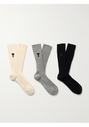 AMI PARIS - Three-Pack Logo-Embroidered Ribbed Cotton-Blend Socks - Men - Neutrals - 39-42