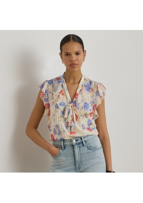 Floral Pintucked Tie-Neck Blouse