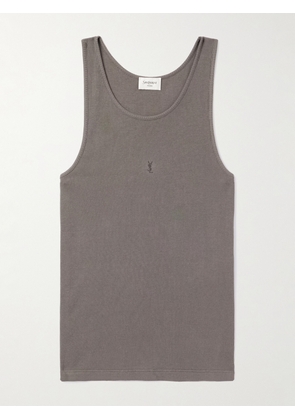 SAINT LAURENT - Logo-Embroidered Ribbed Cotton Tank Top - Men - Gray - S
