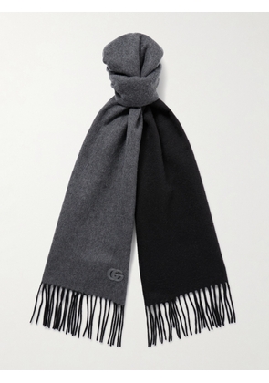Gucci - Fringed Logo-Appliquéd Leather-Trimmed Cashmere Scarf - Men - Gray
