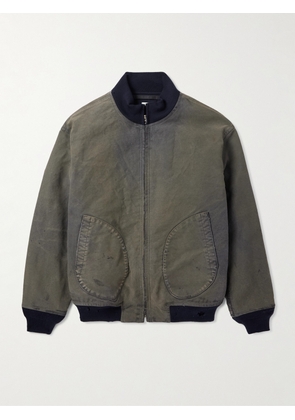 A.PRESSE - Vintage Distressed Ribbed Wool-Trimmed Denim Bomber Jacket - Men - Green - 1