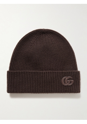Gucci - Leather-Trimmed Ribbed Cashmere Beanie - Men - Brown - S