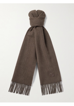 Gucci - Fringed Logo-Appliquéd Leather-Trimmed Cashmere Scarf - Men - Brown
