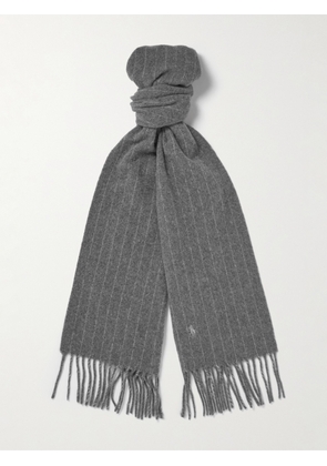 Polo Ralph Lauren - Logo-Embroidered Fringed Pinstriped Cashmere and Wool-Blend Scarf - Men - Gray