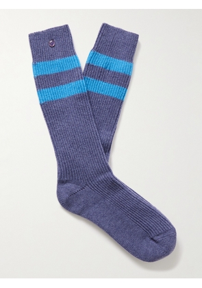 God's True Cashmere - Shadow Amethyst-Embellished Striped Ribbed Cashmere-Blend Socks - Men - Blue