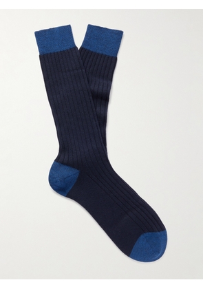 Mr P. - Ribbed Wool-Blend Socks - Men - Blue