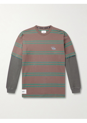 WTAPS - Waffle-Knit Trimmed Logo-Embroidered Striped Cotton-Jersey T-Shirt - Men - Brown - S