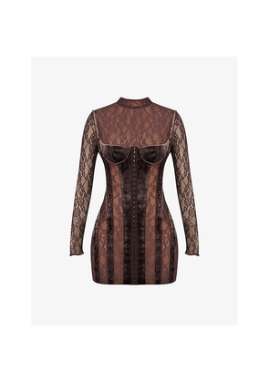 Womens House of CB Marica Crushed-Velvet Stretch-Lace Mini Dress