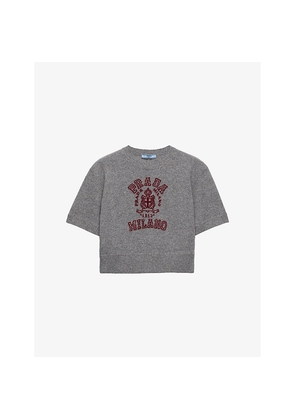 Womens Prada Logo-Intarsia Short-Sleeve Cropped Wool and Cashmere Knitted Jumper
