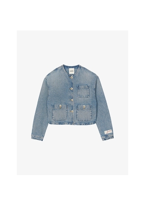 Womens Sandro Round-Neck Patch-Pocket Denim Jacket