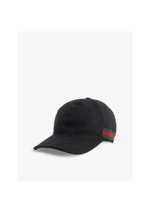 Womens Gucci Monogram-Pattern Striped-Trim Woven Cap