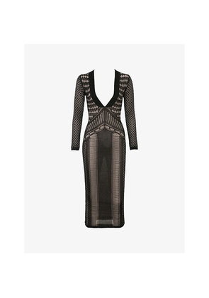 Womens House of CB Loula Plunge-Neck Long-Sleeve Stretch-Knit Midi Dress