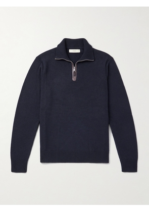 Purdey - Leather-Trimmed Cashmere Half-Zip Sweater - Men - Blue - S