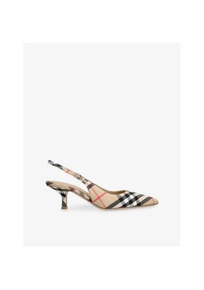 Womens Burberry Check Dame Slingback Linen-Blend Pumps​