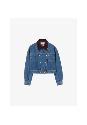Womens Claudie Pierlot Contrast-Collar Double-Breasted Cropped Denim Jacket