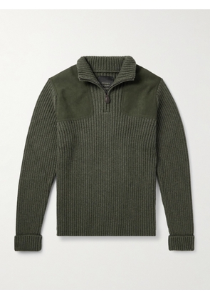 Purdey - Commando Suede-Trimmed Ribbed Wool Half-Zip Sweater - Men - Green - S