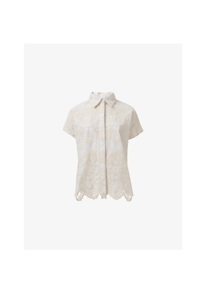 Womens Leem Shirt-Collar Short-Sleeve Lace Top