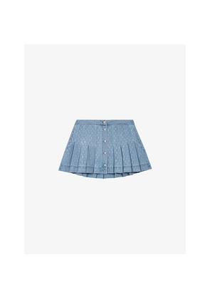 Womens Maje Rhinestone-Embellished Pleated Denim Mini Skirt