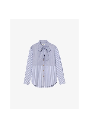 Womens Sandro Tie-Neck Striped Cotton Shirt