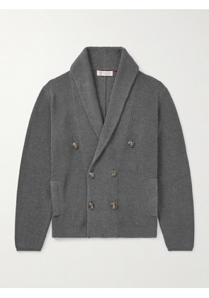 Brunello Cucinelli - Shawl-Collar Double-Breasted Ribbed Cotton Cardigan - Men - Gray - IT 46
