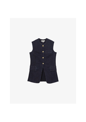 Womens Reiss Athena Round-Neck Long-Line Stretch-Denim Waistcoat