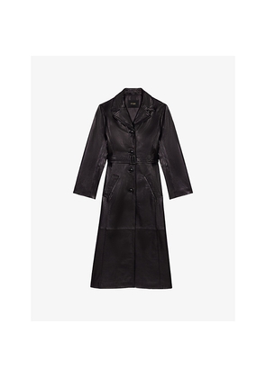 Womens Maje Long Belted-Waist Leather Trench Coat