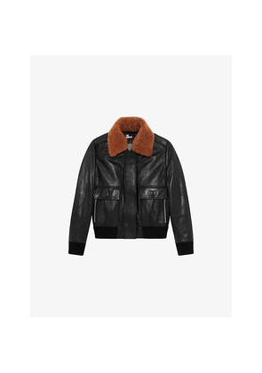 Womens The Kooples Sherpa-Collar Side-Pocket Leather Jacket