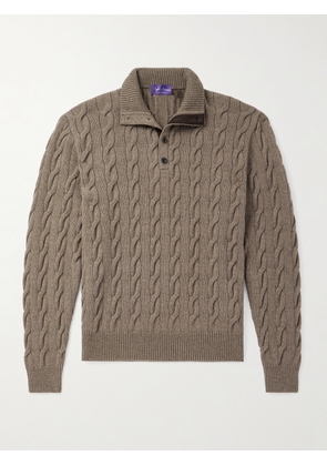 Ralph Lauren Purple Label - Nubuck-Trimmed Cable-Knit Cashmere Half-Placket Sweater - Men - Brown - S