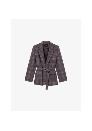 Womens Maje Checked Belted-Waist Stretch-Woven Blazer