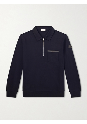 Moncler - Leather-Trimmed Cotton-Jersey Half-Zip Polo Shirt - Men - Blue - M