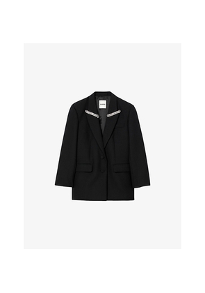Womens Sandro Rhinestone-Embellished Single-Breasted Wool-Blend Jacket