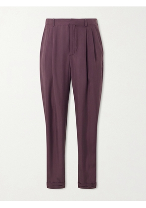 SAINT LAURENT - Tapered Belted Pleated Silk Trousers - Men - Purple - IT 48