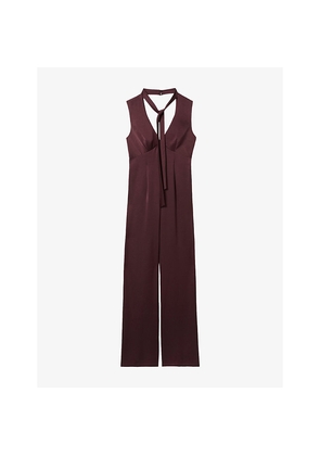 Womens Claudie Pierlot Sleeveless Tie-Neck Satin Jumpsuit