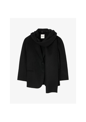 Womens Sandro Short Integrated-Scarf Wool Coat