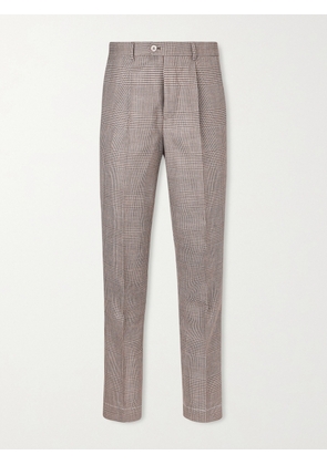 Brunello Cucinelli - Straight-Leg Pleated Prince of Wales Checked Wool, Silk and Linen-Blend Trousers - Men - Brown - IT 44