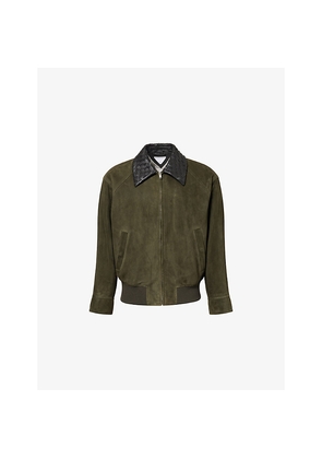 Mens Bottega Veneta Woven-Collar Long-Sleeve Suede Jacket