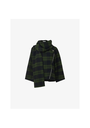 Womens Leem Check-Pattern Detachable-Scarf Biker Jacket