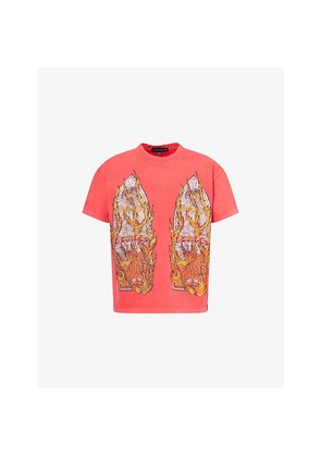 Mens Who Decides War By Ev Bravado Rhinestone Flame-Print Short-Sleeve Cotton T-Shirt